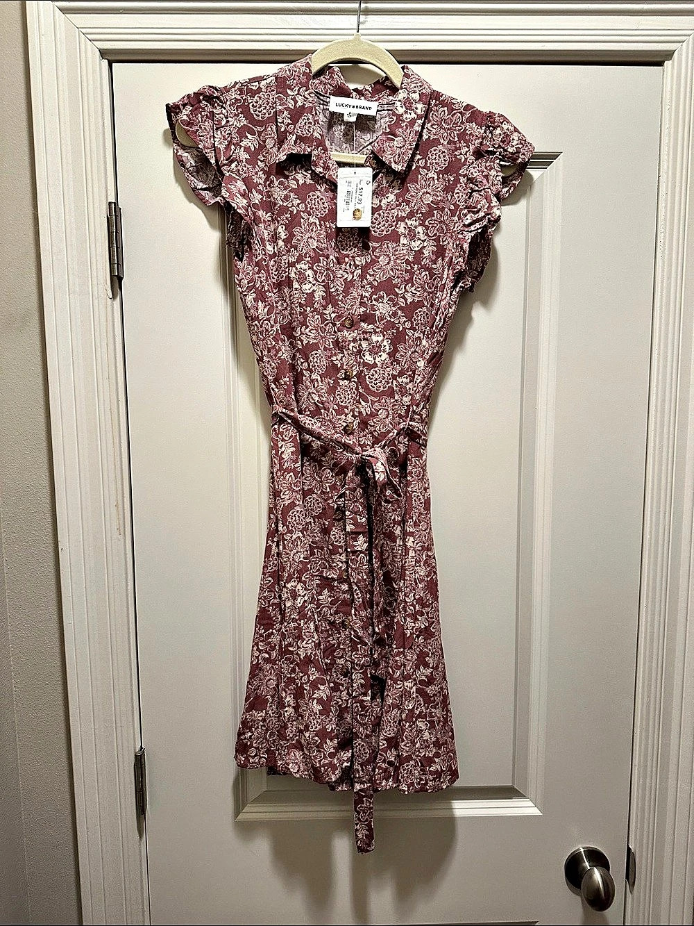 Lucky Brand DK Rose Floral Belted Shirt Dress Floral Midi Dress in Purple & Pink